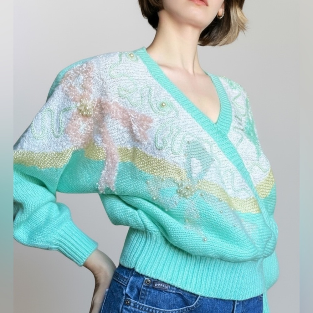 80s Jaclyn Smith Mint Green Beaded Sweater Pastel Pearls Grannycore Barbiecore M
